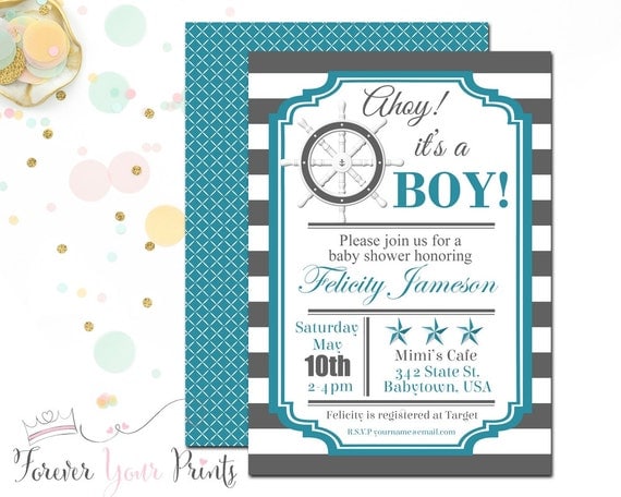 GRAY & TEAL Boys Nautical Baby Shower Invitations, Nautical Baby Shower Invites, Nautical Invitation, Boys Baby Shower Invitations Il_570xn