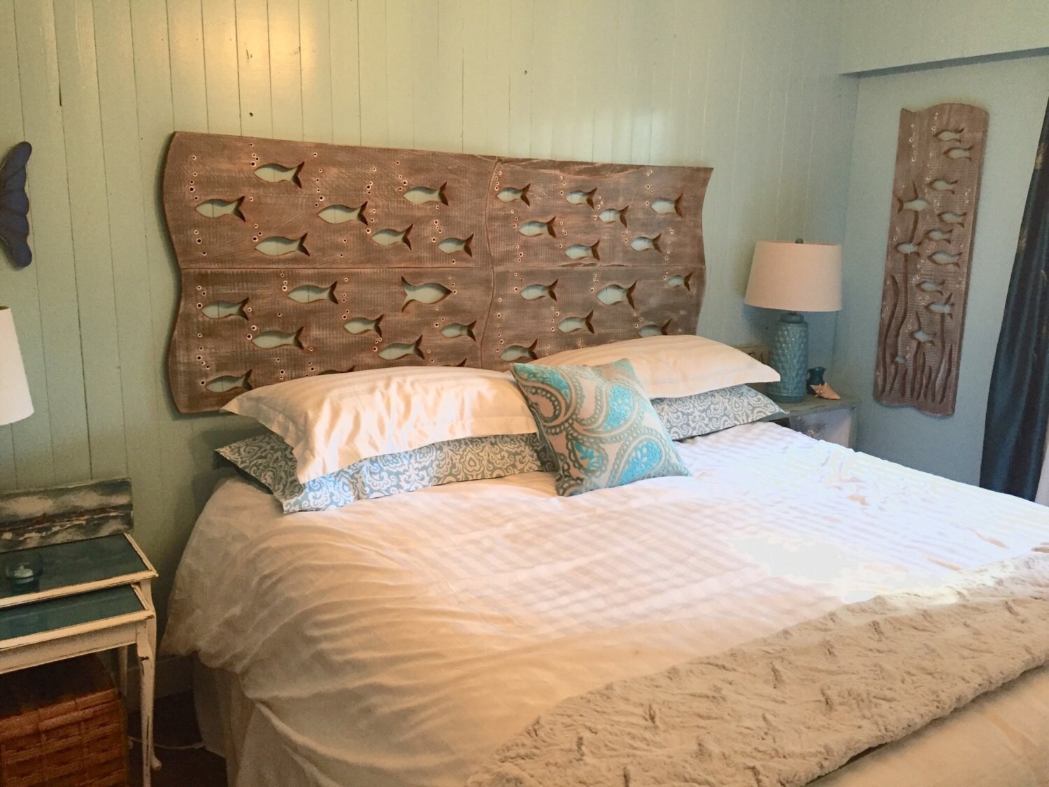 Wood School of Fish Art Headboard King Size Sign by CastawaysHall