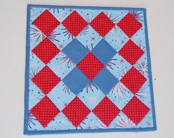 Quilted Table Topper Independence Day , 4th of July Table Runner, Patriotic Table Topper, Red White Blue, Fireworks, Stars, Americana Topper