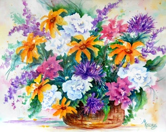 16x20 Watercolor Flower Spring Bouquet Basket by Martha Kisling
