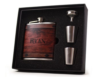 Personalized Flask, Barrel Wood Design, Custom Flask Groomsman