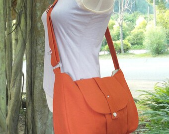 orange cotton canvas purse / shoulder bag / messenger bag / everyday bag / diaper bag / cross body bag - 6 pockets