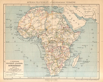 1893 Original Antique Map showing the Routes of Expeditions, Exploring Journeys to Africa
