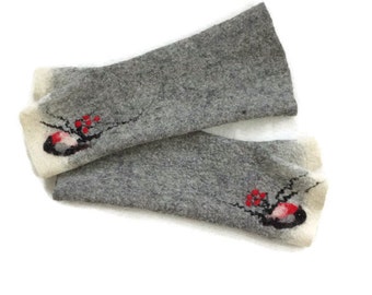 Long Felted Fingerless gloves Fingerless Mittens Arm warmers Gloves -Light Gray White