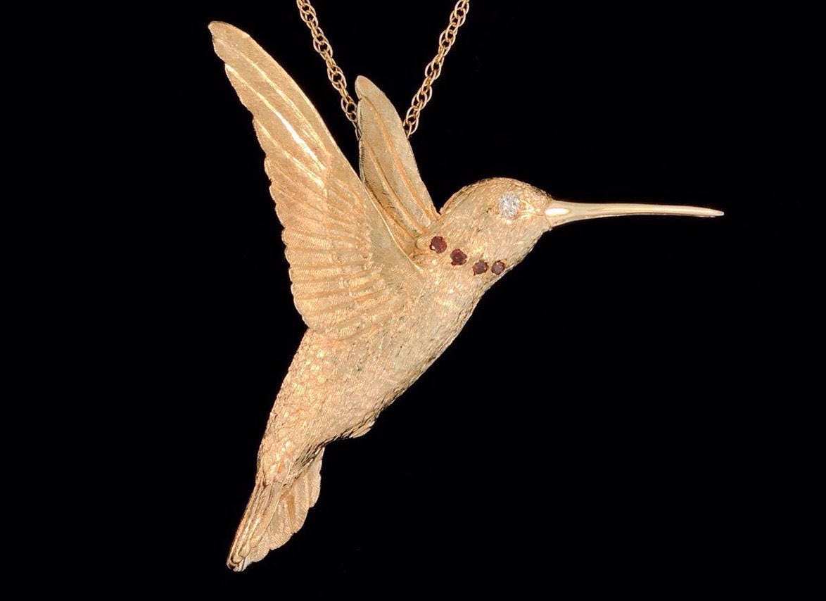 Solid 14k Yellow Gold Hummingbird Pendant and Brooch