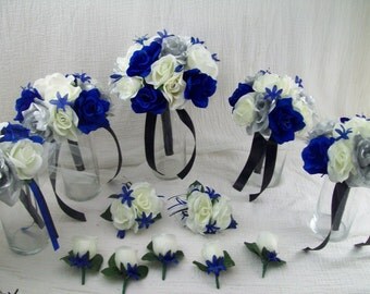 Royal Blue Horizon BlackSilver And Ivory Bridal Bouquets Silk Rose Wedding Package Royal Blue Horizon BlackSilver And Ivory Bridal Bouquets Silk Rose Wedding Package