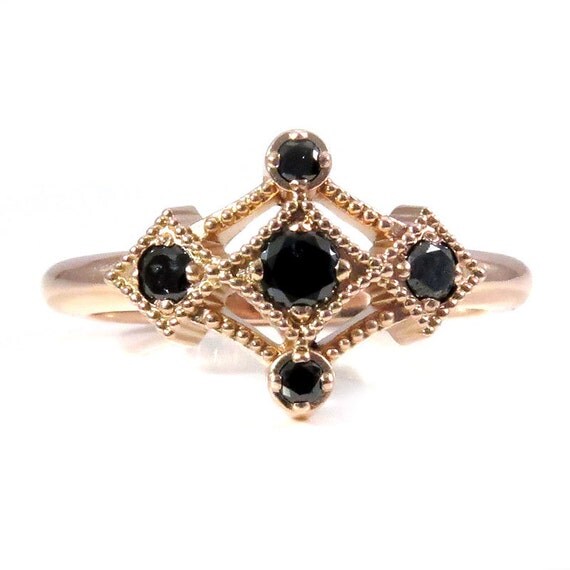 Gothic Victorian Engagement Ring 14k Rose Gold and Black