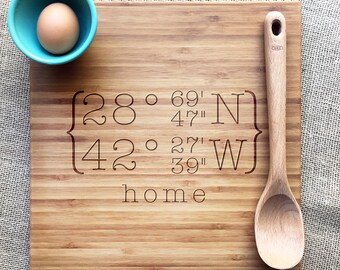 engraved coordinate cutting board, personalized bamboo cutting board, personalized housewarming gift, engraved bamboo