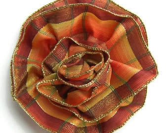 Large Plaid Ribbon Pin in tones of orange gold brown with gold edge is Handmade and versatile fashion accessory