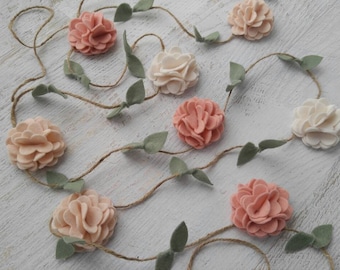 Wool Felt Flower Garland -Wall Hanging - Home Decor - Nursery/ Wedding Decoration - Vintage Pink, Wheat and Ecru - or choose custom colors