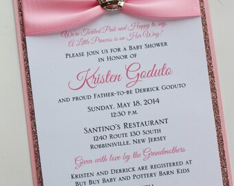 Pink Princess Baby Shower Invitation with Sparkling Tiara; Rhinestone Buckle; Rhinestone Tiara Brooch