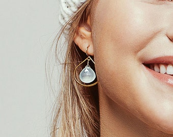 Chalcedony Hoop Earrings - Silver Earrings - Dangle Earrings - Drop Earrings - Aqua Earrings