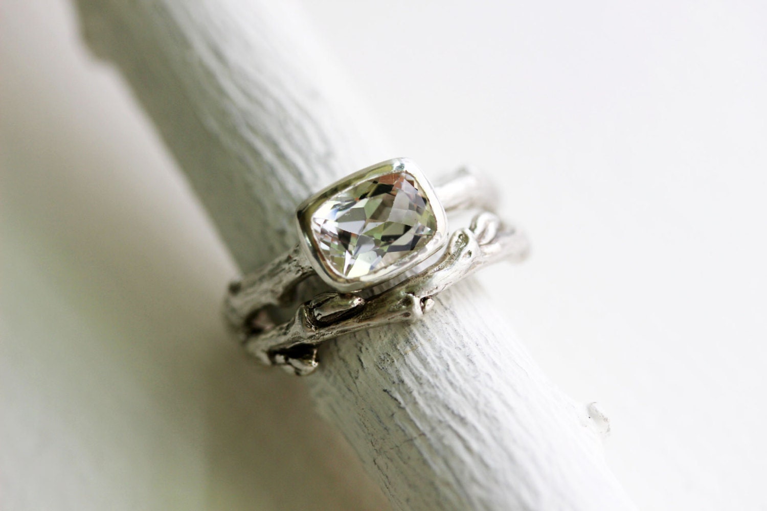 Engagement Ring Set White Topaz Silver Twig Rings 8 x 6mm