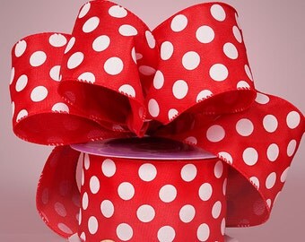 5YDS x 1-1/2" Big Polka Dot Red & White Satin Wired Edge RIBBON