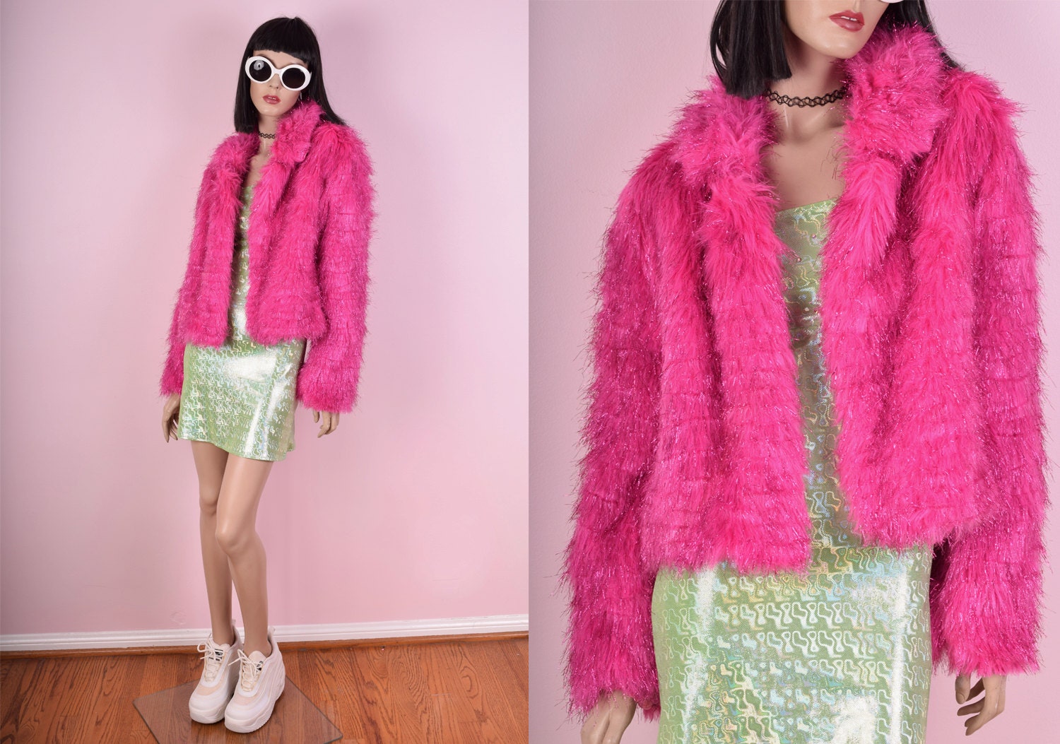 Hot Pink Tinsel Shaggy Faux Fur Jacket