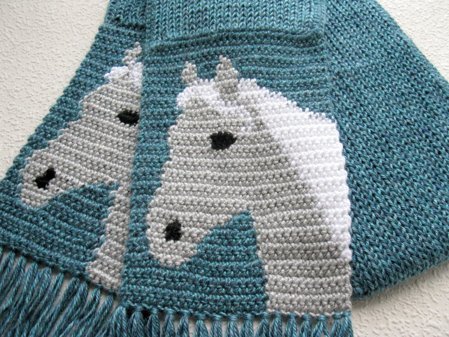 Horse Scarf. Blue knit and crochet scarf with gray horse