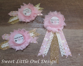 Mom to Be Pin/ Corsage- for BABY SHOWER PIN- Light Pink with Gold glitter and arrow accents