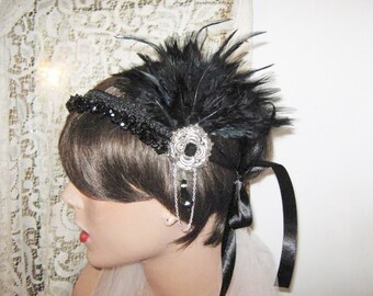 1920's headpiece flapper headband Great Gatsby headpiece Gatsby headband Black feather headpiece black headband fascinator bridal headband