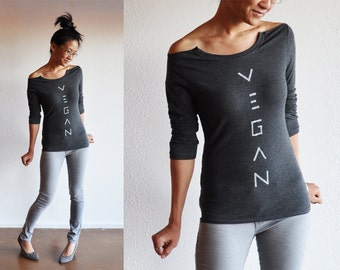 Vegan Top : Charcoal Open-Neck New Long Sleeve