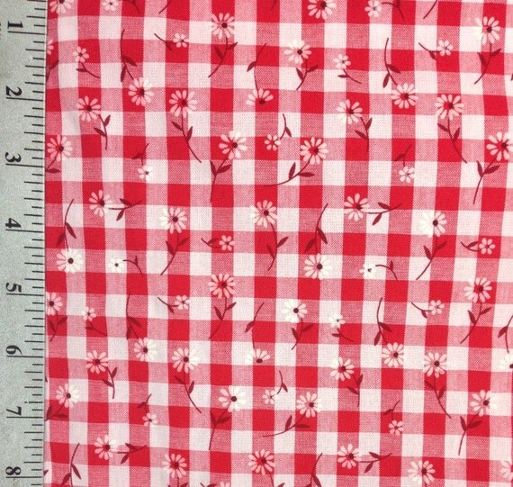 Daisies on Red and White Gingham fabric by the yard 100