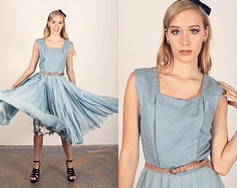 50s Silk Chiffon Dress Vintage Blue Pleated Prom Silk Party Dress