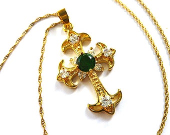 18K GOLD Plated Fleur di Lis Simulated Emerald & Diamond Cross, Gold Cross with Gold Filled Neck Chain, Art Deco Vintage, Christmas Cross