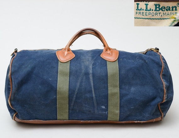 70s Ll Bean Duffle Bag Blue Canvas And Leather Work Wear 3688