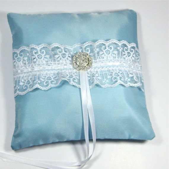 Items similar to Aqua Blue Ring Bearer Pillow trimmed with white lace ...