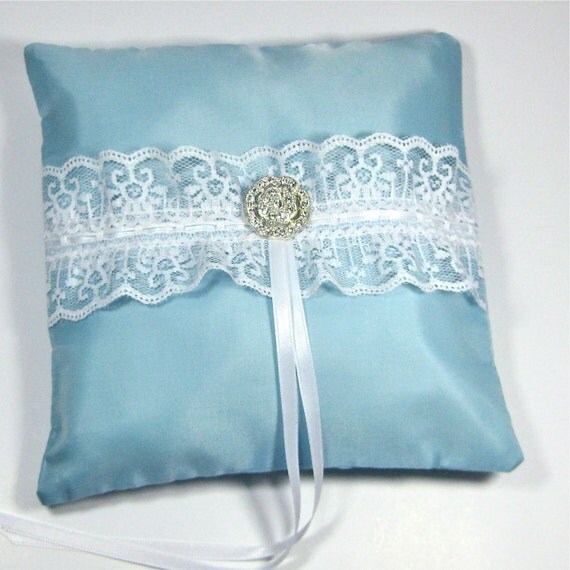 Items similar to Aqua Blue Ring Bearer Pillow trimmed with white lace