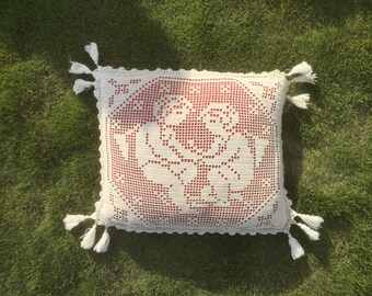 With Angels French vintage Cushion cover, Angels and Pompoms, white Cotton crochet, tassels, Handmade