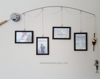 Fishing Pole Picture Frame - Silver or Brown Pole - 4 - 4 in x 6 in Picture Frames - Choose Your Frame Colors