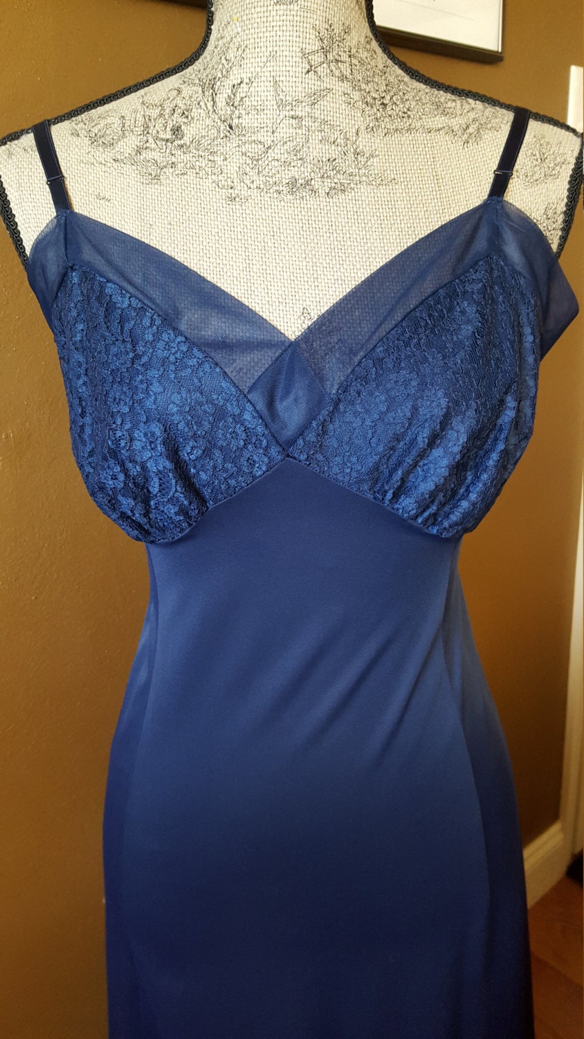 Vintage Lace Slip Navy Blue Full Length 1950's Sexy Pin