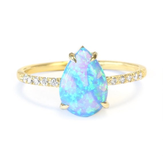 Pear Shaped Opal Diamond Engagement Ring 14K by SillyShinyDiamonds