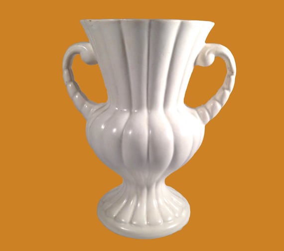 White Ribbed Two Handled Matte Vase Double Handle Urn Style