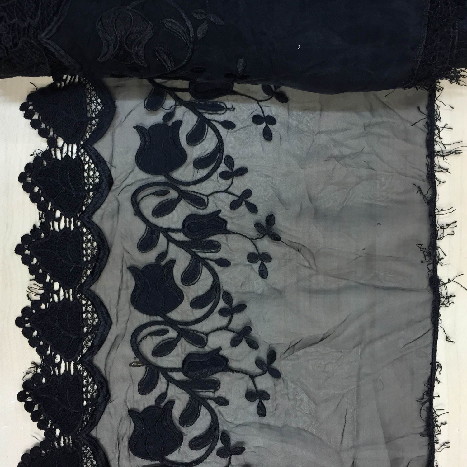 Black Organza Fabric with Embroidered Flowers and by KBazaar