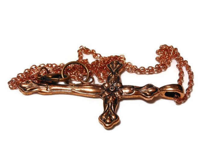 FREE SHIPPING Copper cross pendant, antiqued cross with flower design, copper chain and findings, religious gift, simple elegance