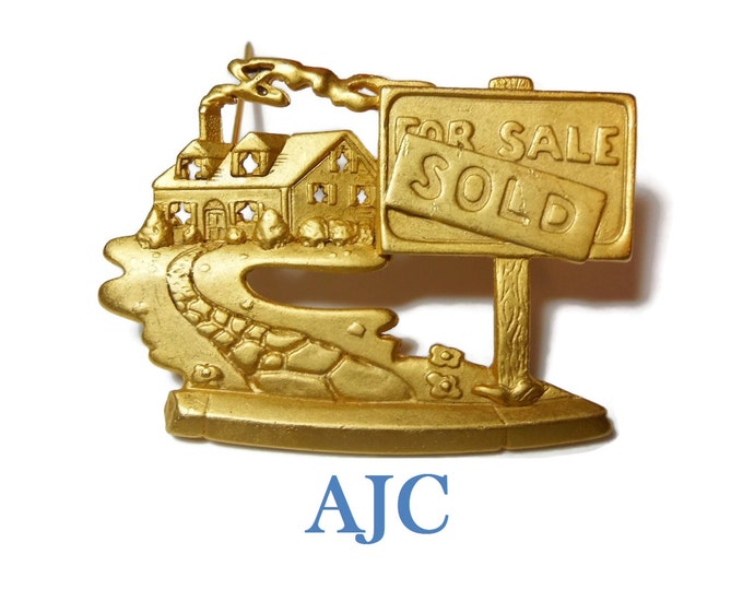 FREE SHIPPING AJC real estate brooch, for sale, sold house pin, gold plate, large statement piece, wonderful details