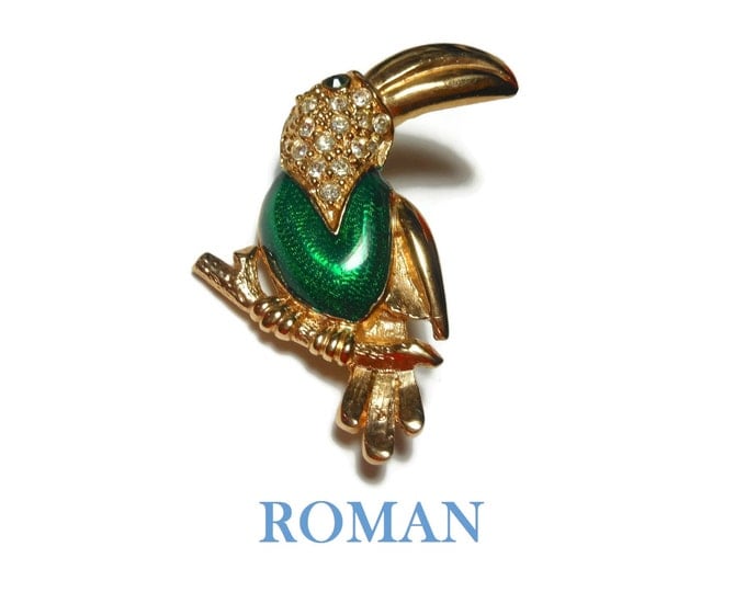 FREE SHIPPING Roman signed Toucan brooch, green enamel pin, pave rhinestone, green eye, figural bird on branch, gold tone