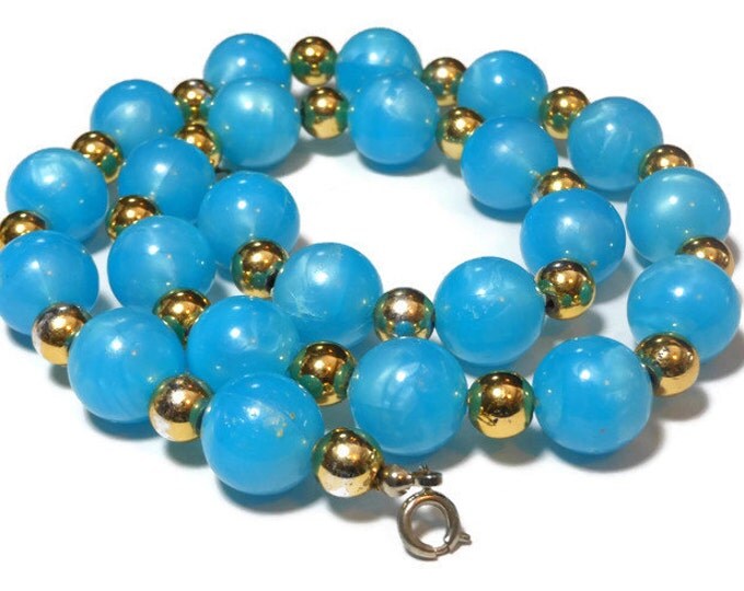 FREE SHIPPING 1950s blue lucite necklace, blue beads with light blue marbling interspersed with smaller gold beads for a lovely retro effect