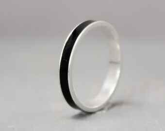 Black Tourmaline Ring, Sterling Silver Ring, Thin Silver Ring, Inlay Ring, Black Ring, Silver Band, Metaphysical Ring, Meditation Jewelry
