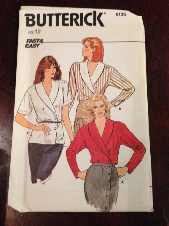 Misses Blouses Butterick 80s Fast and Easy Sewing Pattern 6136 UNCUT Size 8, 10, OR 12