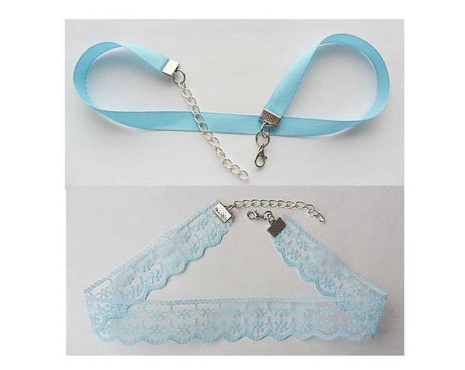 Baby blue satin and lace choker necklace set pick your neck size