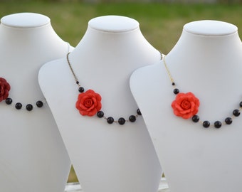FREE EARRINGS. Red Rose and Black Beads Asymmetrical Necklace