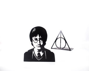 A pair of metal bookends Harry Potter Deathly Hallows Inspired // modern book holders for Harry Potter books // FREE SHIPPING