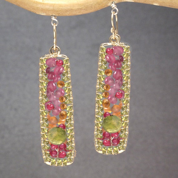 Drop Chandelier Gemstone Earrings Pink Ruby Carnelian Peridot