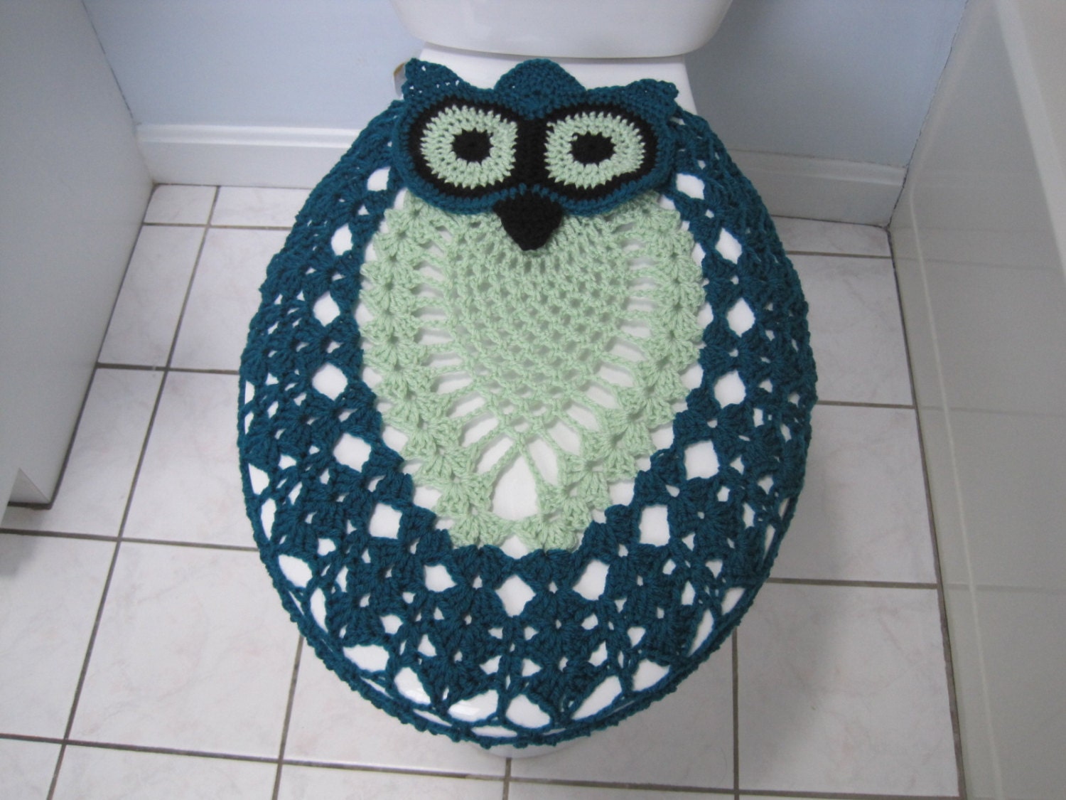 Crochet Owl Toilet Seat Cover real teal/honeydew/black