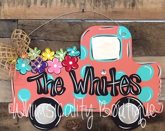 Vintage truck door hanger, summer door hanger, truck sign, shabby chic, spring door hanger