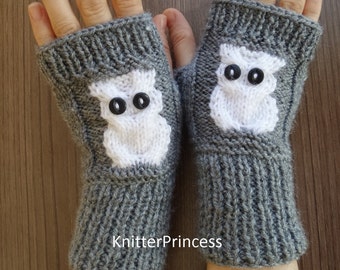 Gray owl gloves, gray gloves with white owls, winter gloves, mens gloves, knit owl armwarmers,