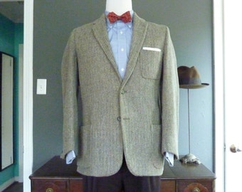 RARE Vintage Late 1950s - Early 1960s HARRIS TWEED 100% Wool 3 Patch Pocket Trad / Ivy League Sack Jacket Size 40 R or S.