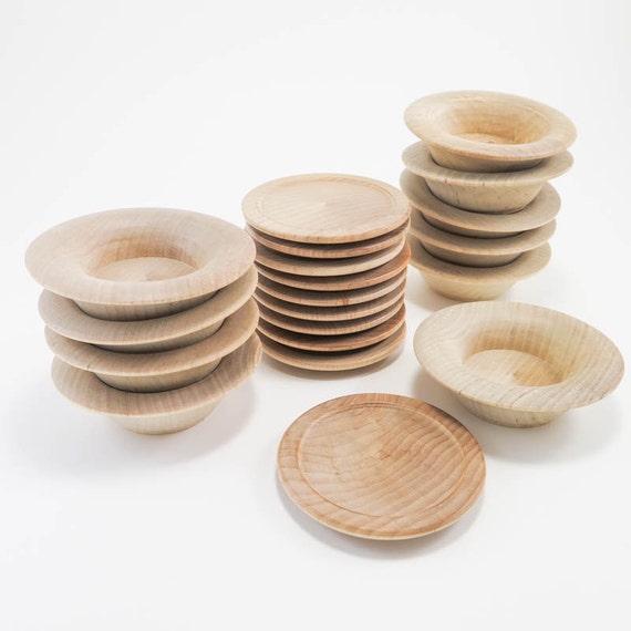 10 Miniature Wooden Plate and Bowl Sets by snugglymonkey on Etsy